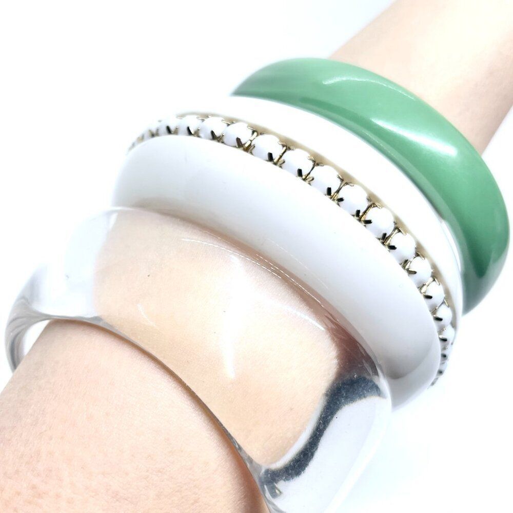 VINTAGE BANGLE BRACELET Set Mod Lucite Resin Green White Clear Rhinestone